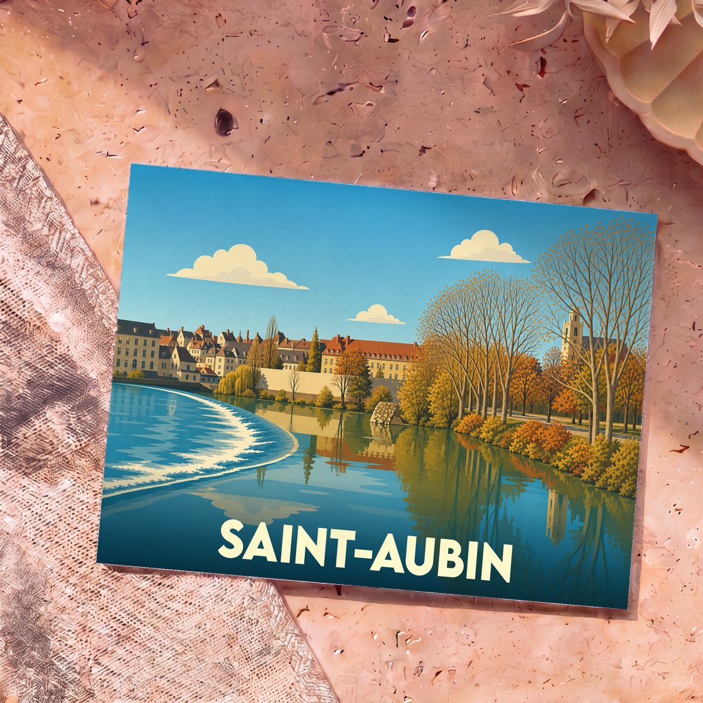 Carte postale souvenir de la ville de Saint-Aubin avec une illustration stylisée d'un paysage d'automne au bord de l'eau.