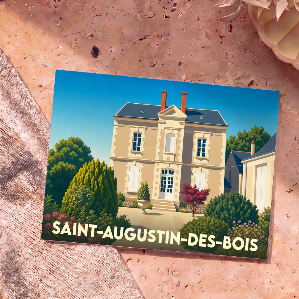 Carte postale souvenir de la ville de Saint-Augustin-des-Bois avec une illustration stylisée de sa mairie.