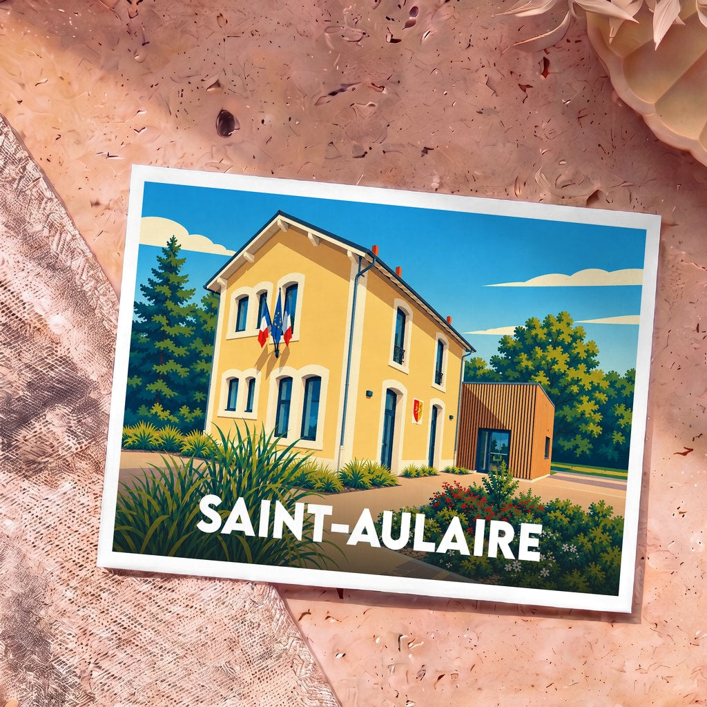 Carte postale souvenir de la ville de Saint-Aulaire avec une illustration stylisée de sa mairie.