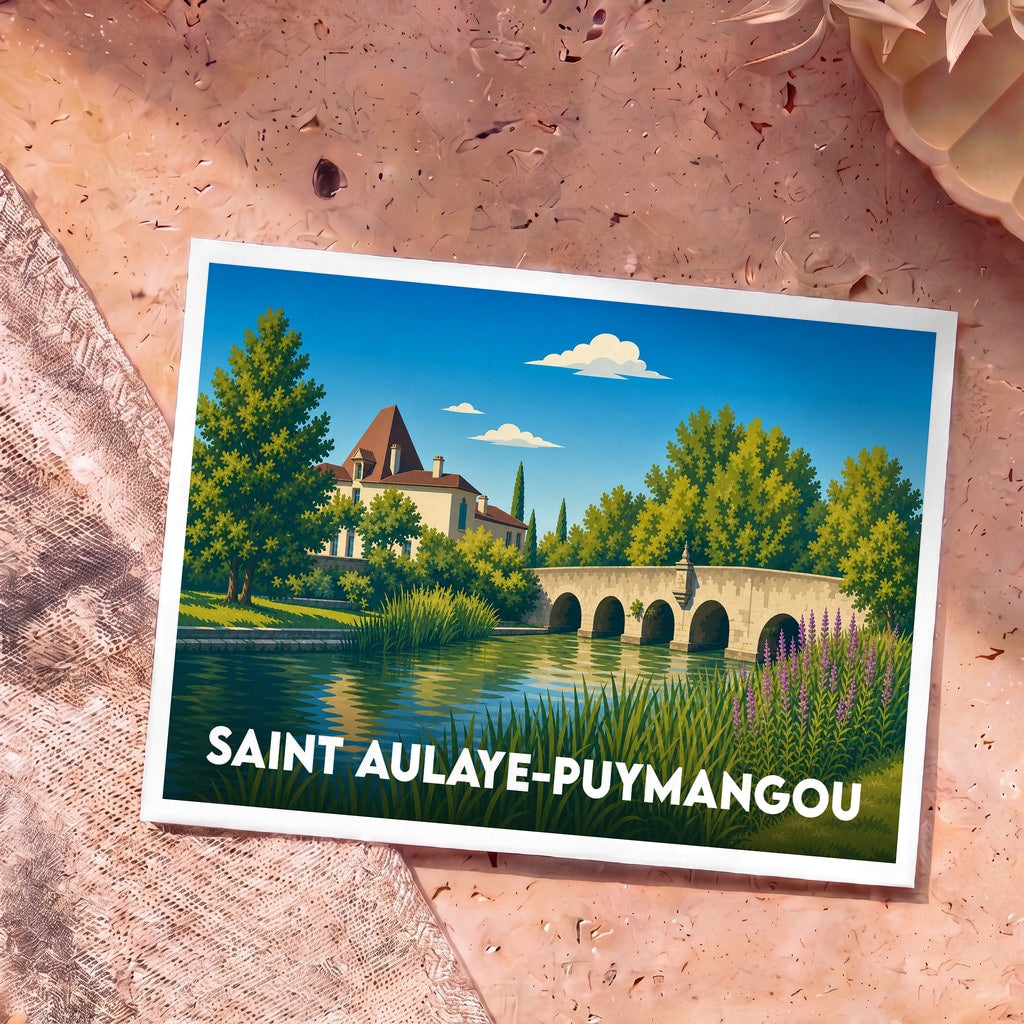 Carte postale souvenir de la ville de Saint Aulaye-Puymangou avec une illustration stylisée d'un pont et d'un château au bord de l'eau.