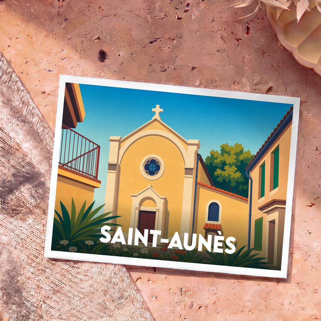Carte postale souvenir de la ville de Saint-Aunès avec une illustration stylisée de son église et de ses ruelles ensoleillées.