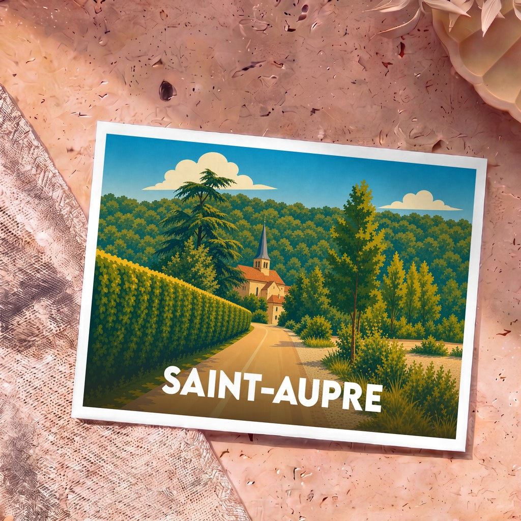 Carte postale souvenir de la ville de Saint-Aupre avec une illustration stylisée de son église et de sa nature verdoyante.