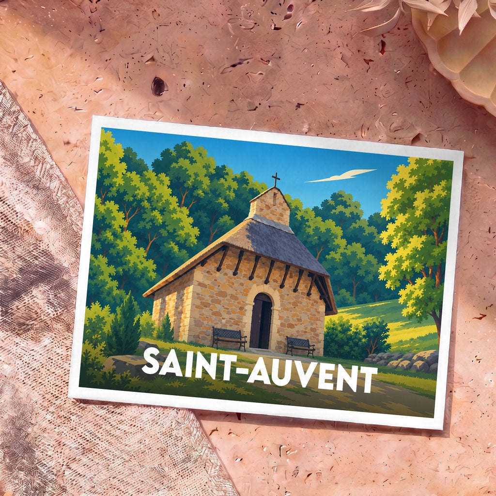 Carte postale souvenir de la ville de Saint-Auvent avec une illustration stylisée de sa chapelle en pierre.