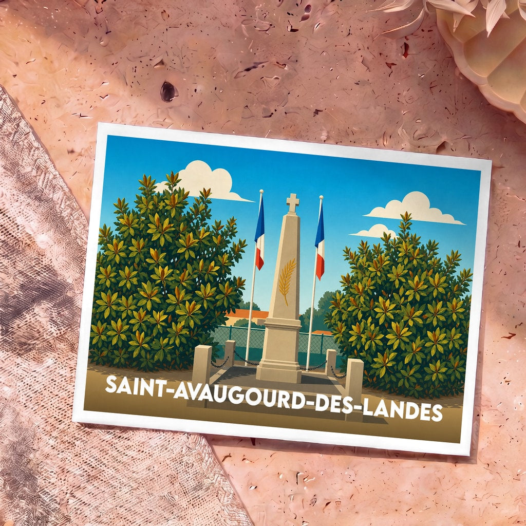 Carte postale souvenir de la ville de Saint-Avaugourd-des-Landes illustrant son monument aux morts entre deux drapeaux français.