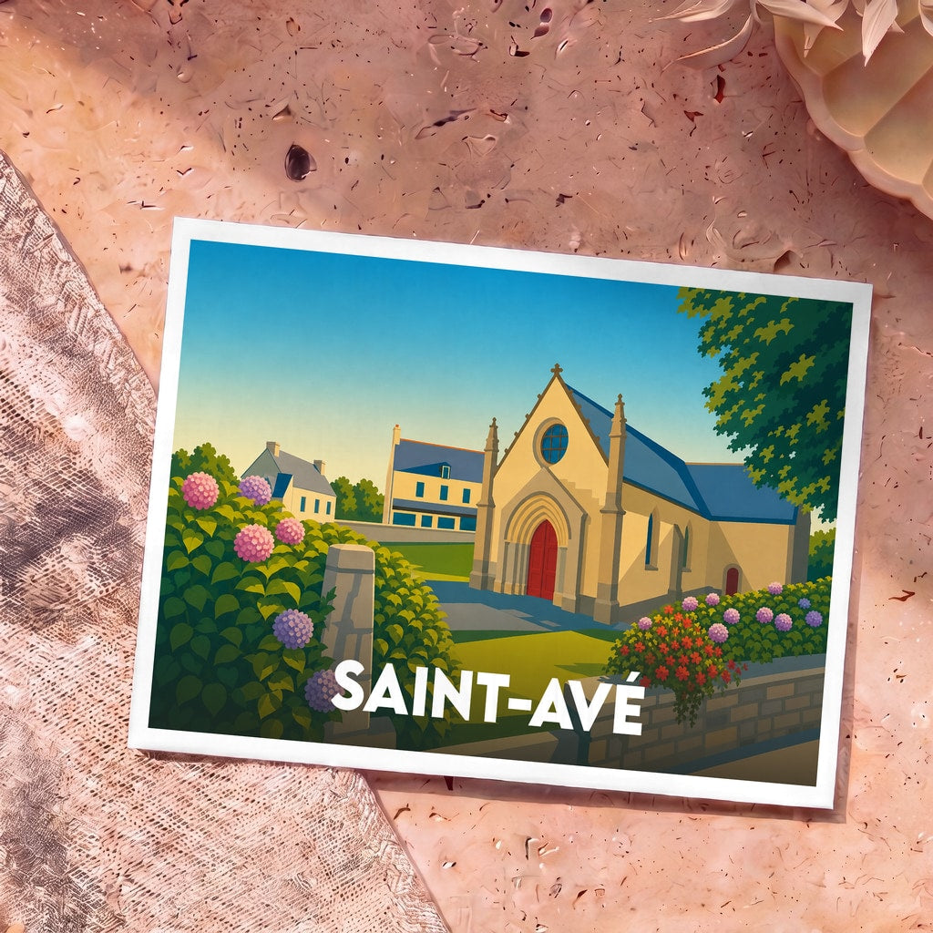 Carte postale souvenir de la ville de Saint-Avé avec une illustration stylisée de son église et de fleurs d'hortensias.
