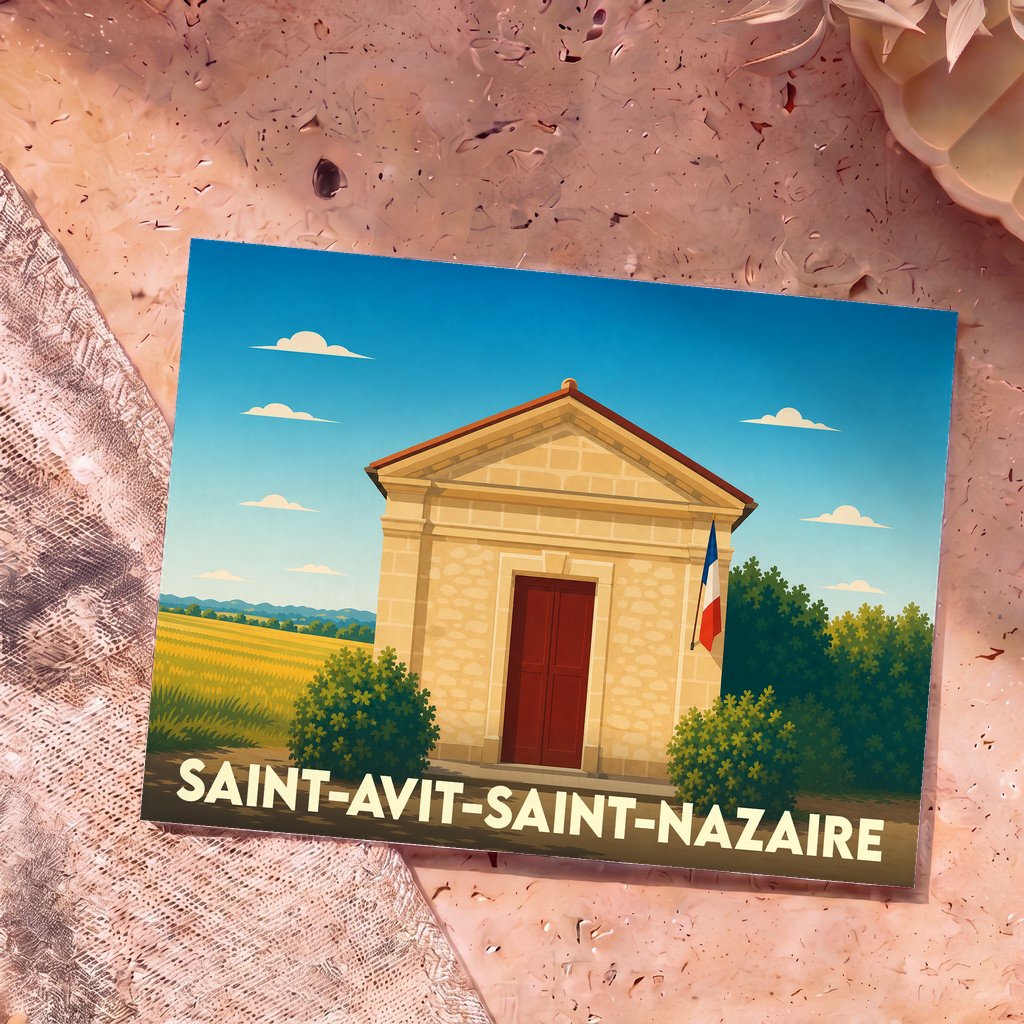 Carte postale souvenir de la commune de Saint-Avit-Saint-Nazaire avec une illustration stylisée de son église sous un ciel bleu.