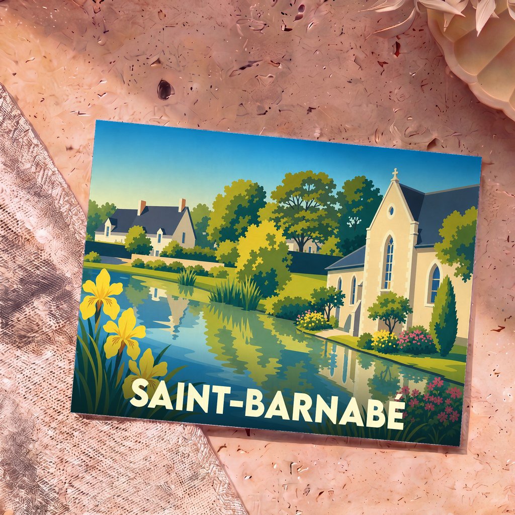 Carte postale souvenir de la ville de Saint-Barnabé avec une illustration stylisée d'un paysage fluvial et architectural.
