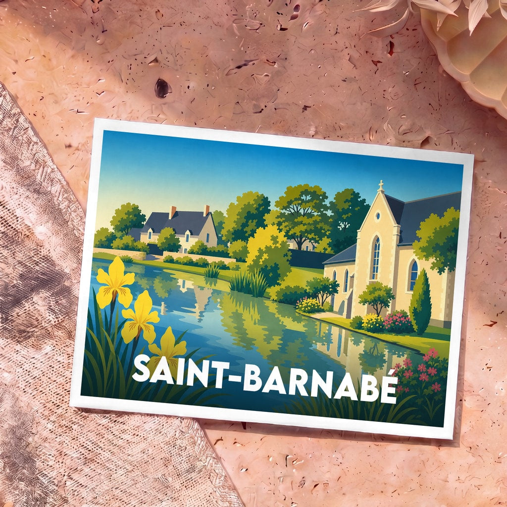 Carte postale souvenir de la ville de Saint-Barnabé avec une illustration stylisée d'un paysage fluvial et architectural.