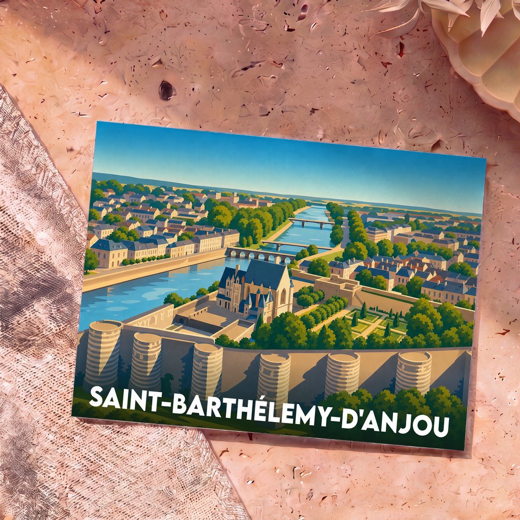 Carte postale souvenir de la ville de Saint-Barthélemy-d'Anjou avec une illustration stylisée.