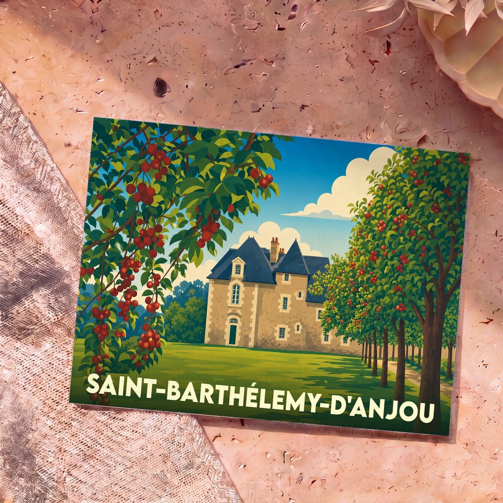 Carte postale souvenir de la ville de Saint-Barthélemy-d'Anjou avec une illustration stylisée d'un manoir entouré de vergers.