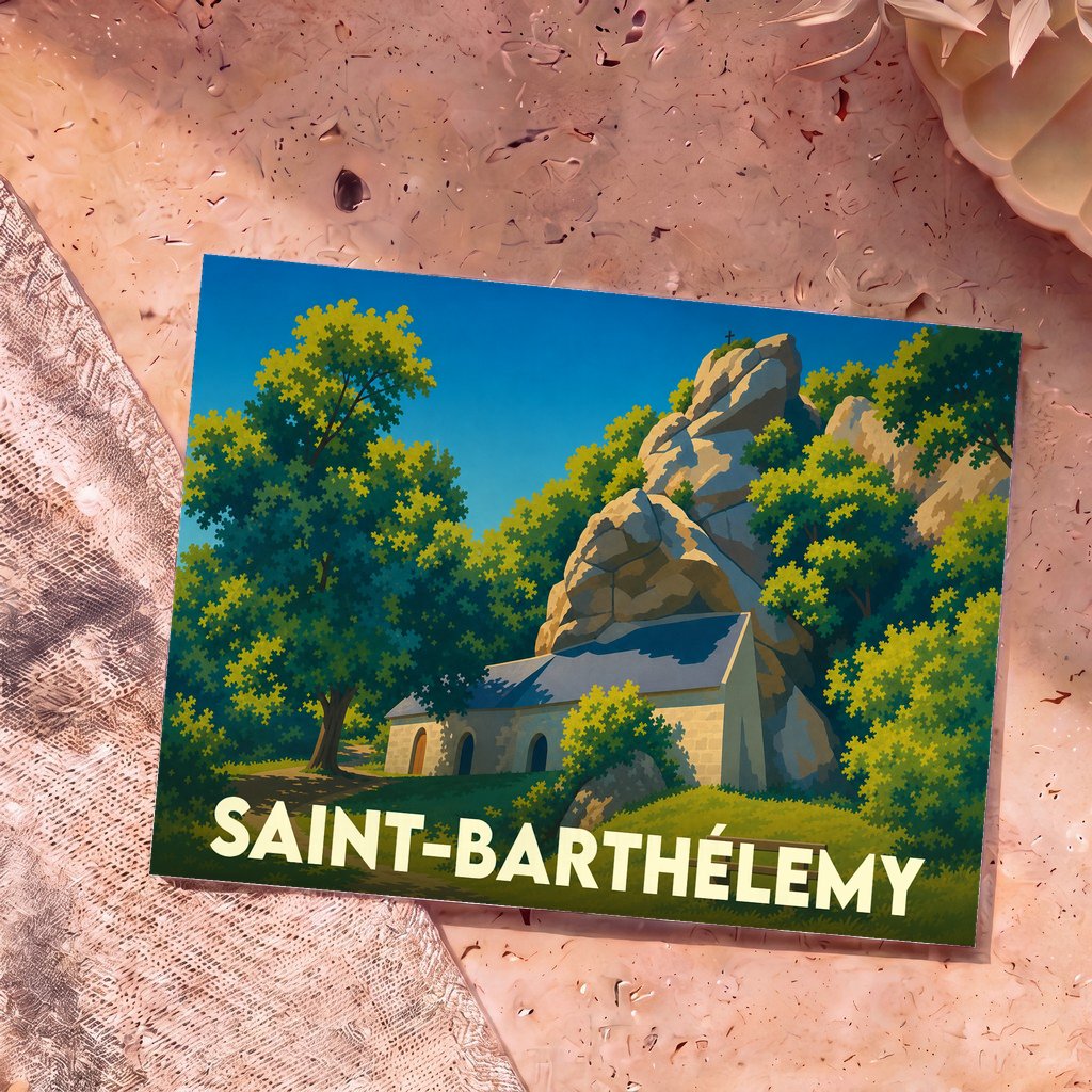 Carte postale souvenir de la ville de Saint-Barthélemy avec une illustration stylisée d'une chapelle au pied des rochers.
