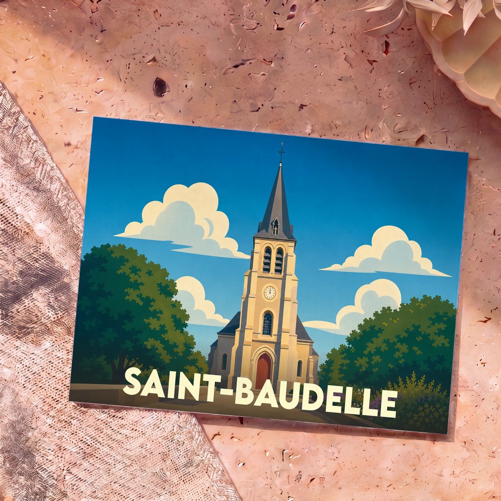 Carte postale souvenir de la ville de Saint-Baudelle avec une illustration stylisée de son église.