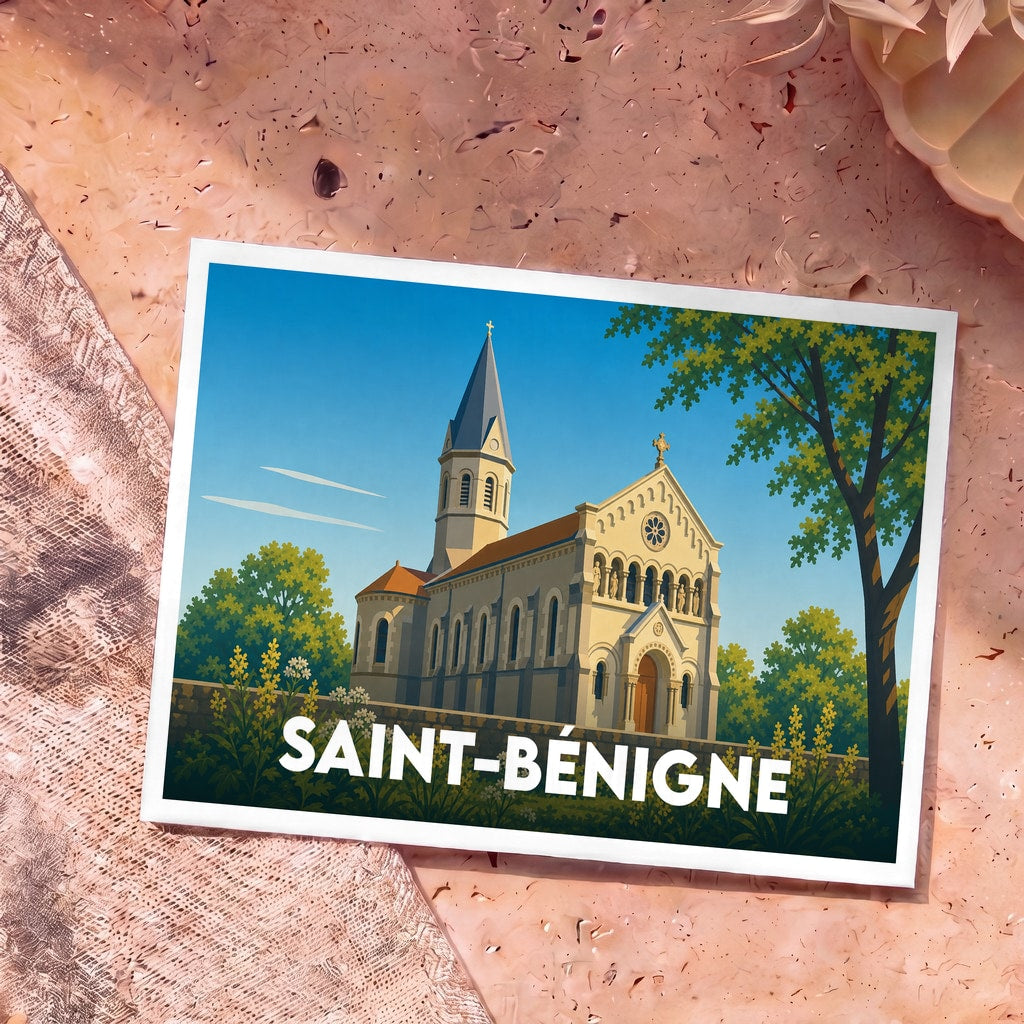 Carte postale souvenir de la ville de Saint-Bénigne illustrée d'une église de style néo-roman.