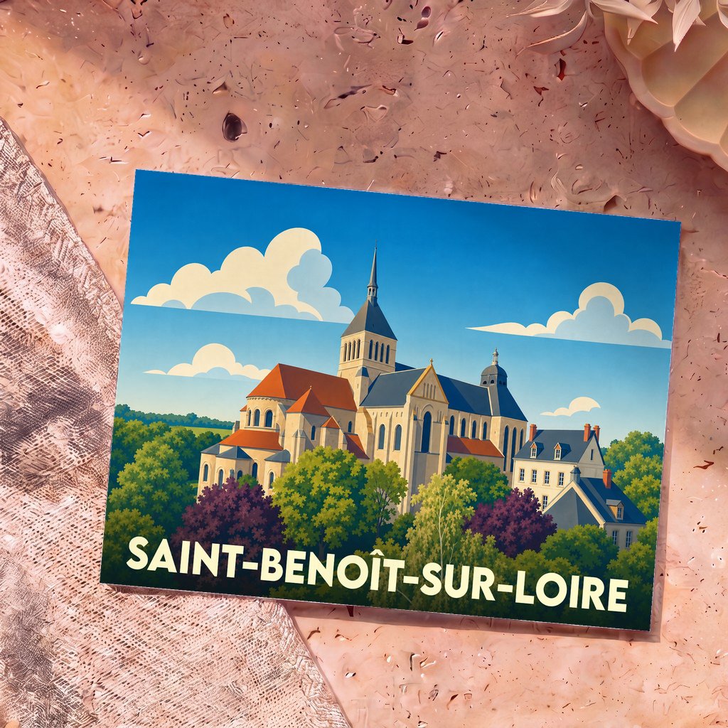 Carte postale souvenir de Saint-Benoît-sur-Loire avec une illustration stylisée de son abbaye entourée de verdure.