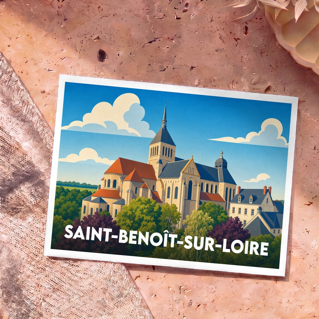 Carte postale souvenir de Saint-Benoît-sur-Loire avec une illustration stylisée de son abbaye entourée de verdure.