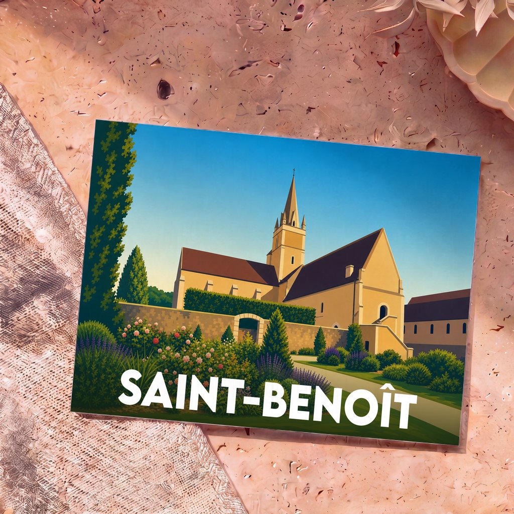 Carte postale souvenir de la ville de Saint-Benoît illustrant son église et ses jardins dans un style graphique épuré.