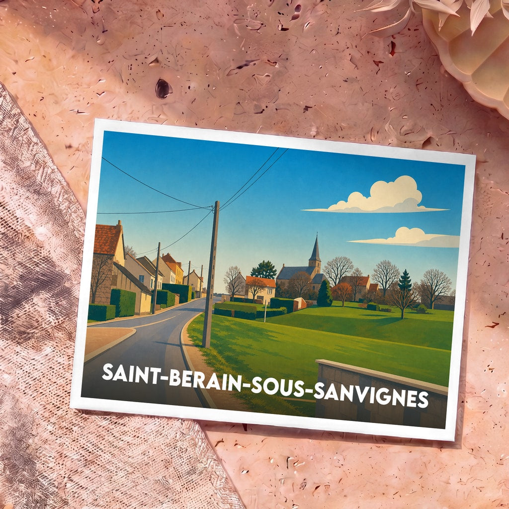 Carte postale souvenir de la ville de Saint-Berain-sous-Sanvignes avec une illustration stylisée.