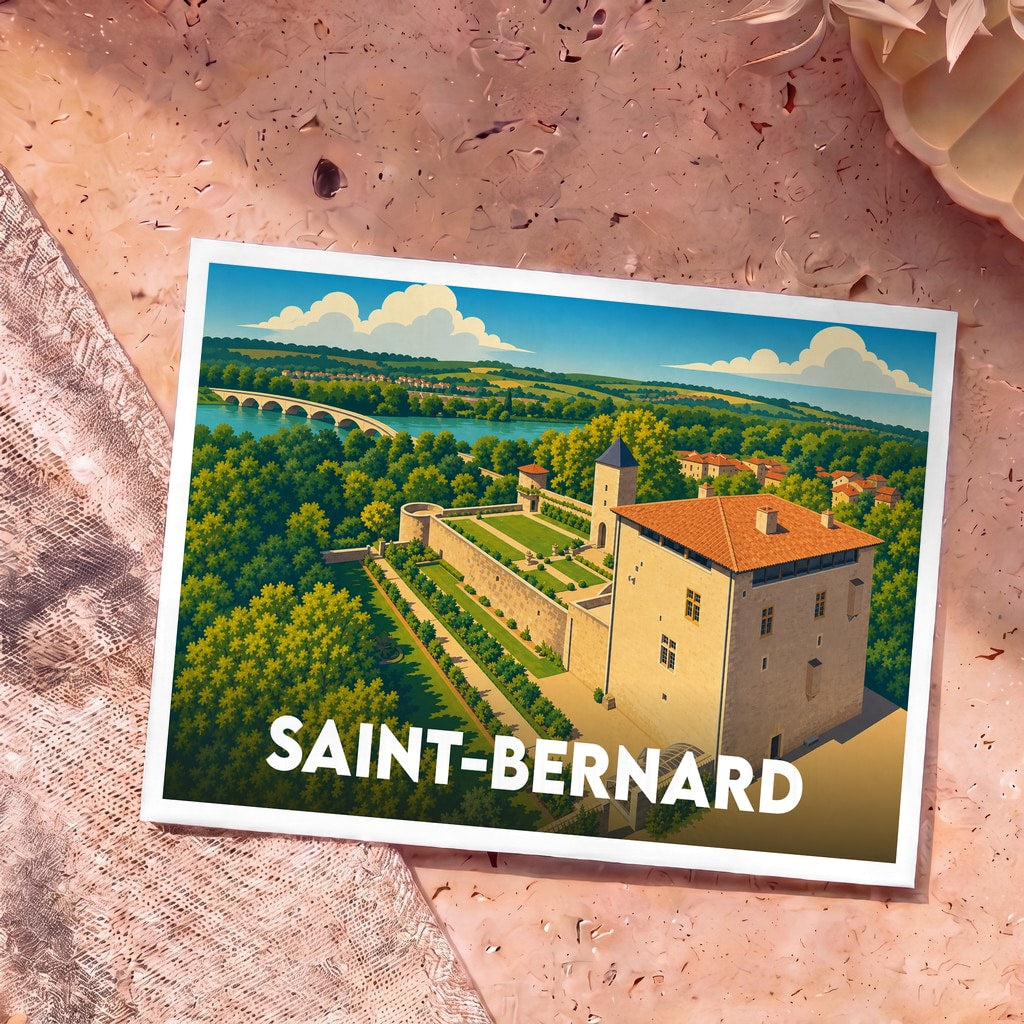 Carte postale souvenir de la ville de Saint-Bernard avec une illustration stylisée du château et de la Saône.