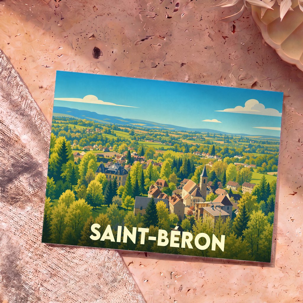 Carte postale souvenir de la ville de Saint-Béron avec une illustration stylisée d'un paysage verdoyant.