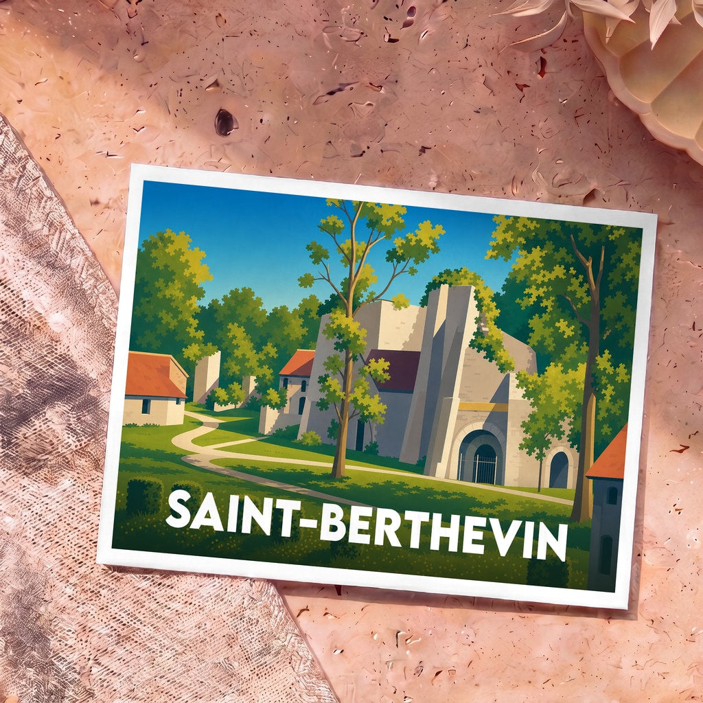 Carte postale souvenir de la ville de Saint-Berthevin avec une illustration stylisée de bâtiments historiques entourés d'arbres.