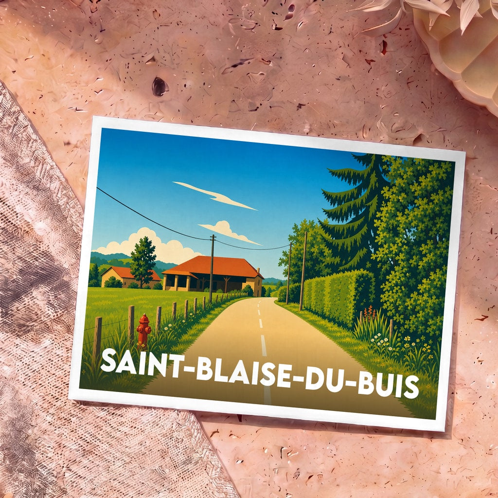 Carte postale souvenir de la ville de Saint-Blaise-du-Buis avec une illustration bucolique d'un paysage de campagne.