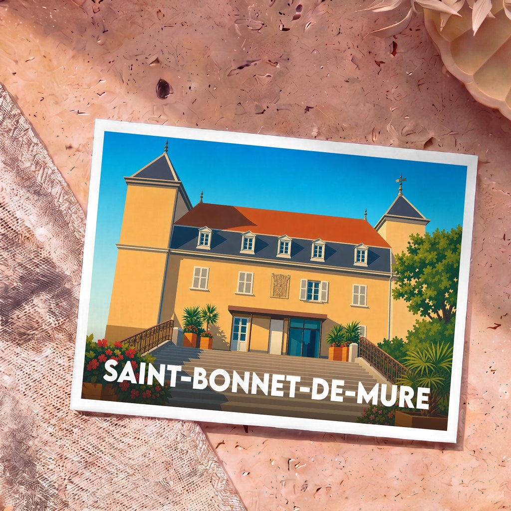Carte postale souvenir de la ville de Saint-Bonnet-de-Mure avec une illustration stylisée de son château.