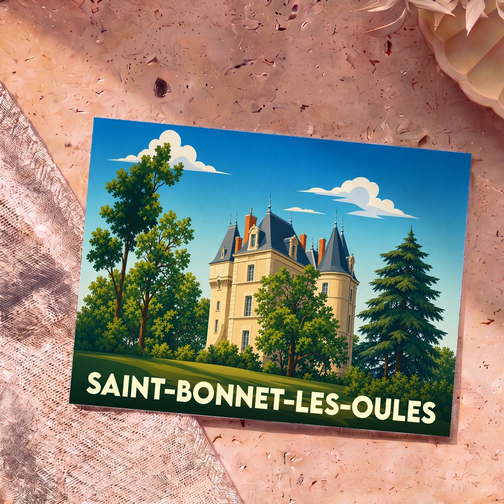 Carte postale souvenir de la ville de Saint-Bonnet-les-Oules illustrant son château dans un style graphique épuré.