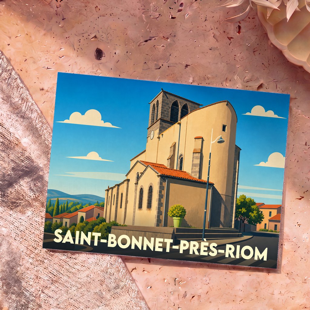 Carte postale souvenir de la ville de Saint-Bonnet-près-Riom avec une illustration stylisée de son église.