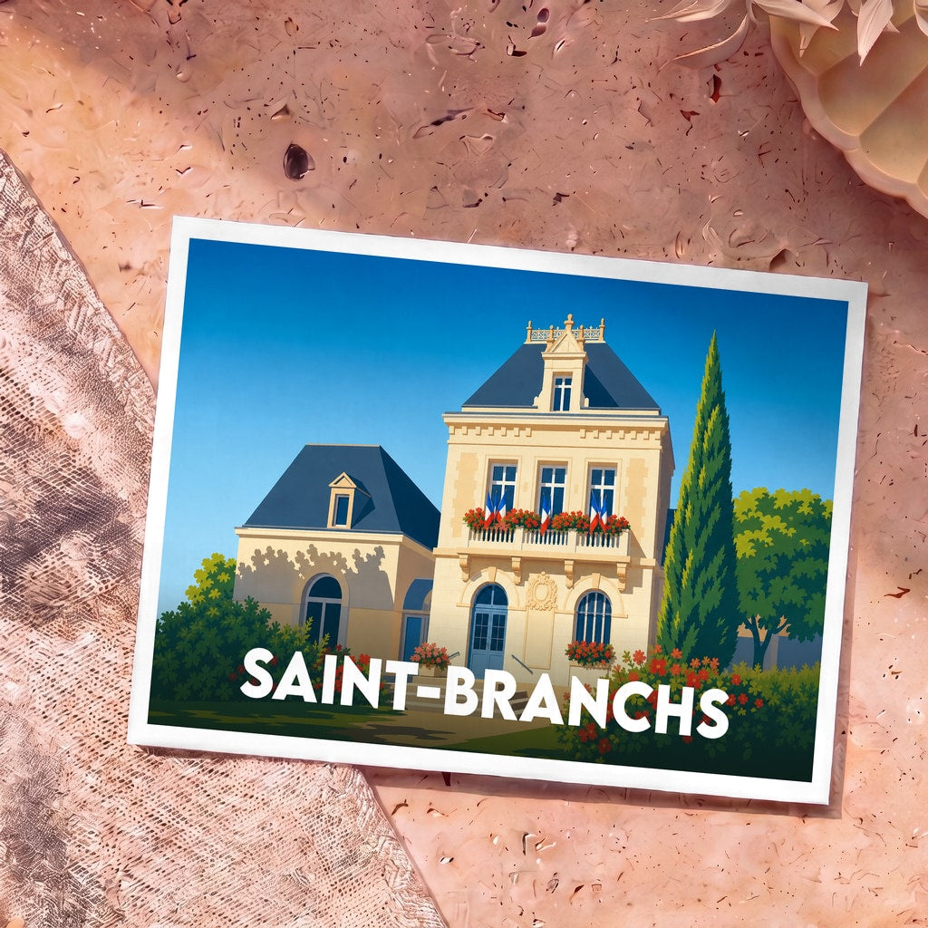 Carte postale souvenir de la ville de Saint-Branchs avec une illustration stylisée de sa mairie.