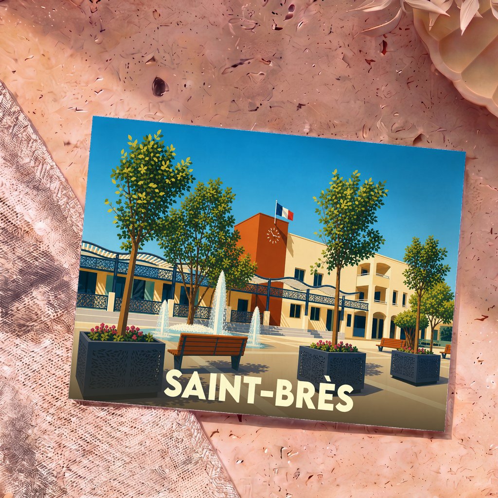 Carte postale souvenir de la ville de Saint-Brès avec une illustration stylisée de sa place principale.