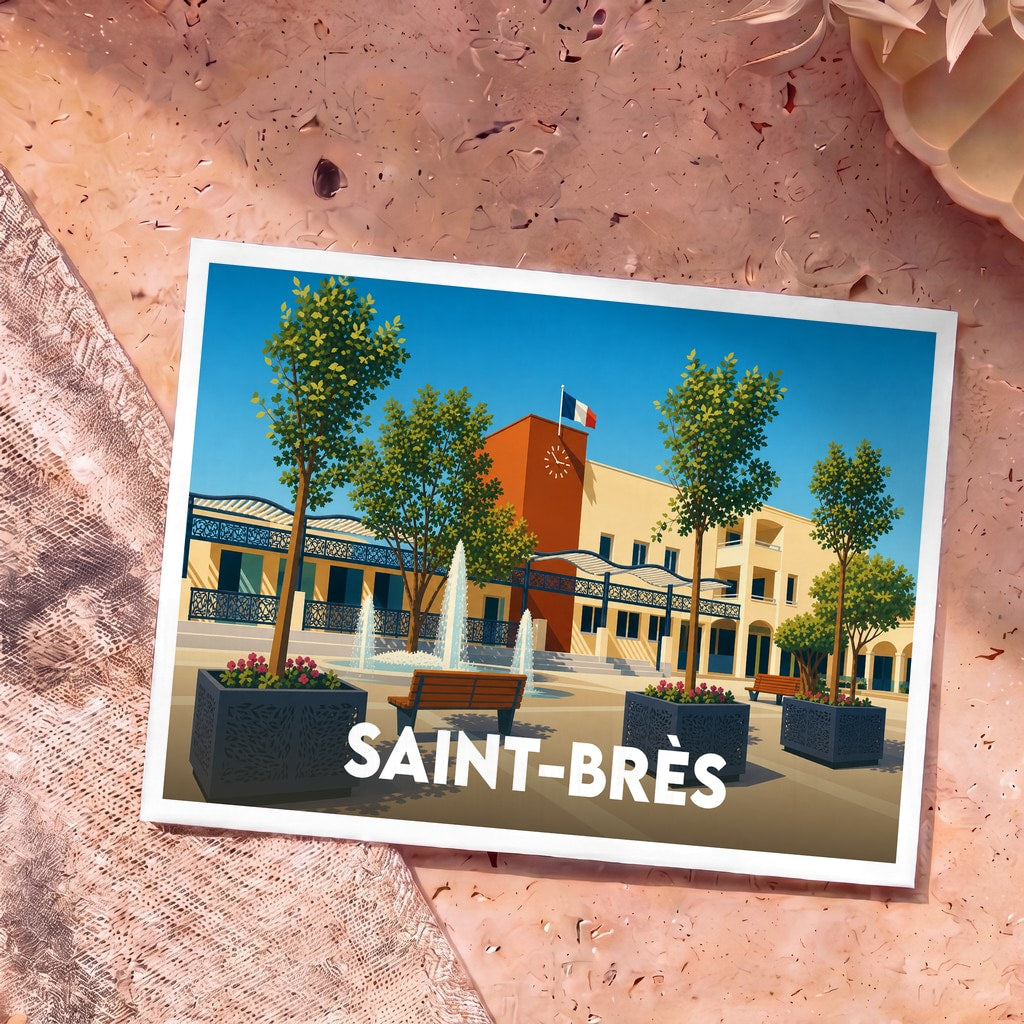 Carte postale souvenir de la ville de Saint-Brès avec une illustration stylisée de sa place principale.