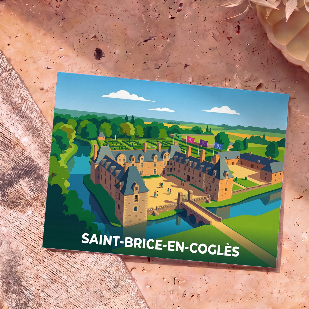 Carte postale souvenir de Saint-Brice-en-Coglès illustrant le château de la Motte aux Rochers dans un style graphique épuré.