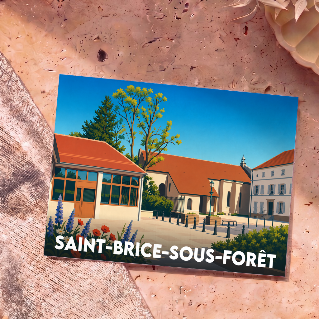 Carte postale souvenir de la ville de Saint-Brice-sous-Forêt avec une illustration stylisée de sa place centrale.