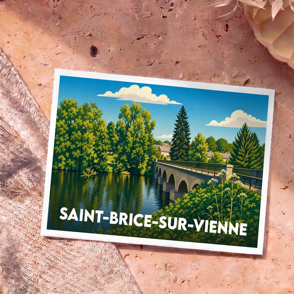 Carte postale souvenir de la ville de Saint-Brice-sur-Vienne avec une illustration stylisée de son pont traversant la Vienne.