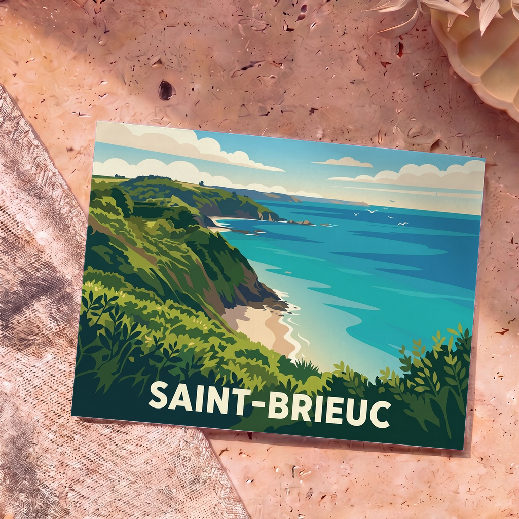 Carte postale souvenir de la ville de Saint-Brieuc avec une illustration stylisée de son littoral escarpé.