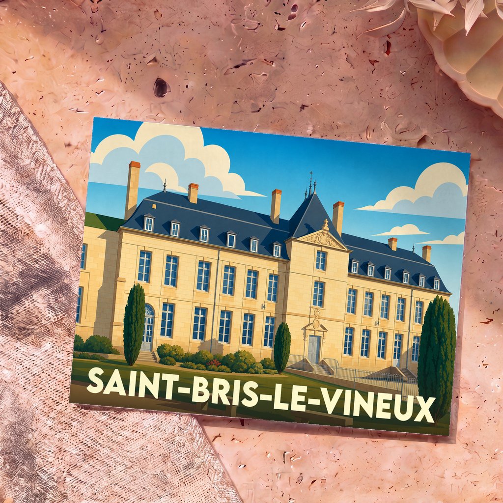 Carte postale souvenir de la ville de Saint-Bris-le-Vineux illustrant une bâtisse historique dans un style graphique épuré.