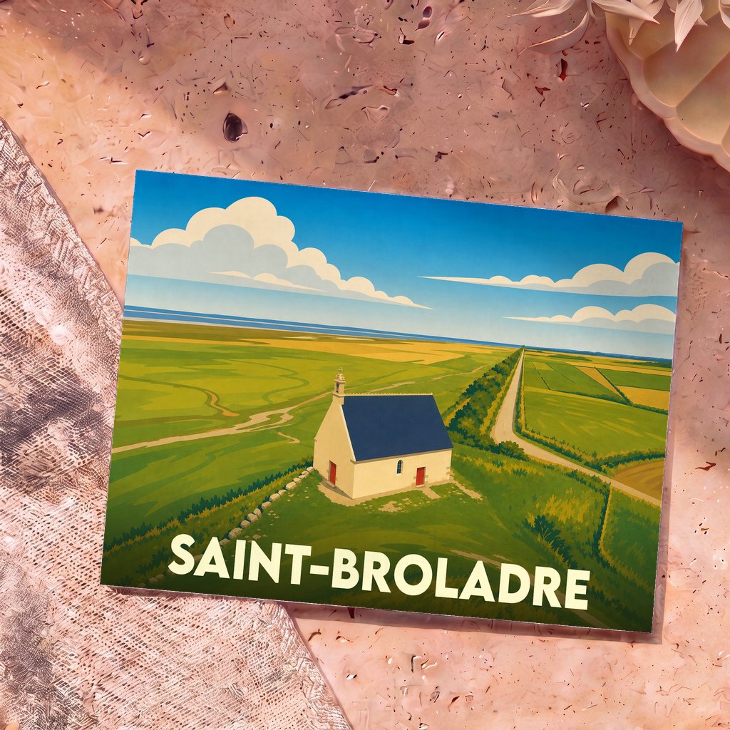 Carte postale souvenir de Saint-Broladre illustrant une chapelle nichée dans les polders sous un ciel azur.