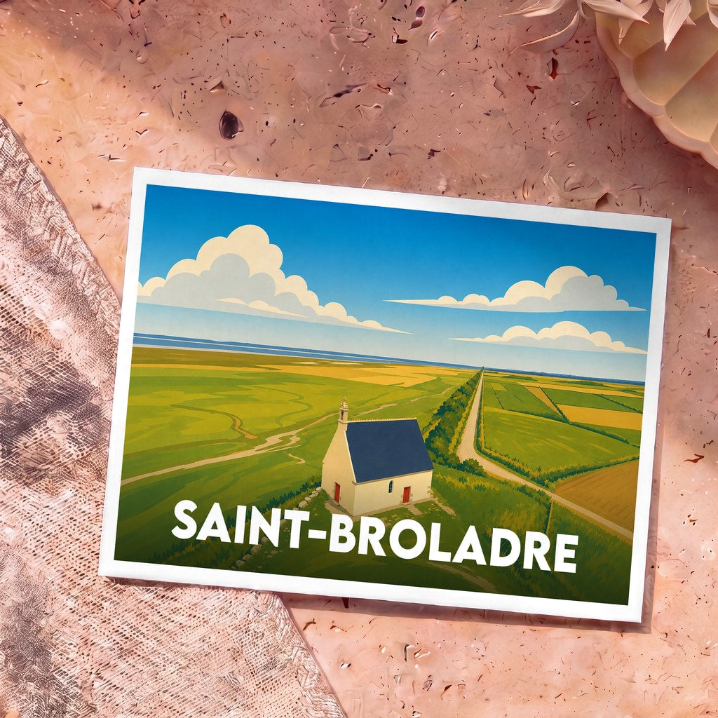 Carte postale souvenir de Saint-Broladre illustrant une chapelle nichée dans les polders sous un ciel azur.