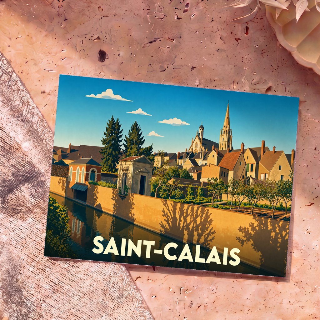 Carte postale souvenir de la ville de Saint-Calais avec une illustration stylisée d'un canal et de l'église.