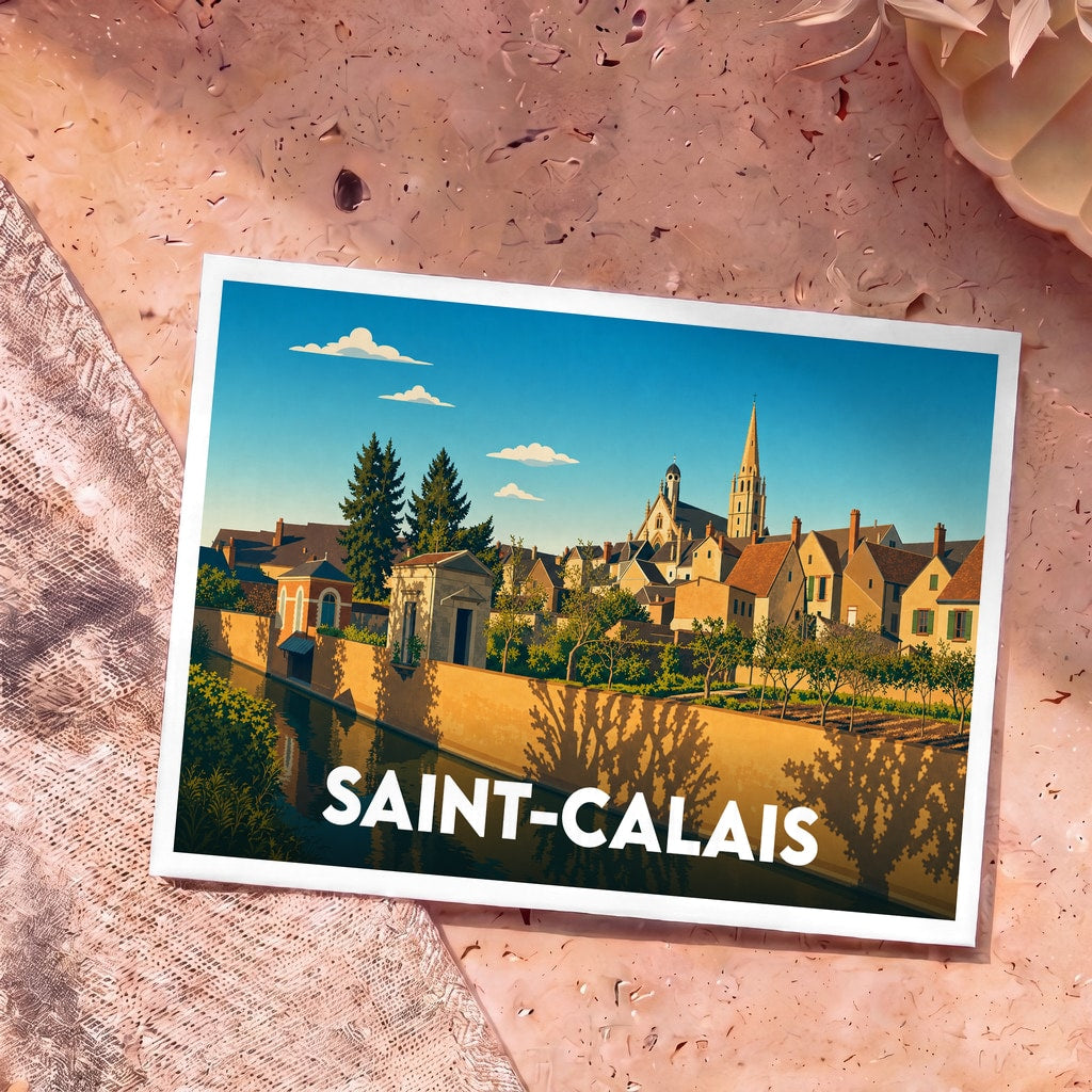 Carte postale souvenir de la ville de Saint-Calais avec une illustration stylisée d'un canal et de l'église.