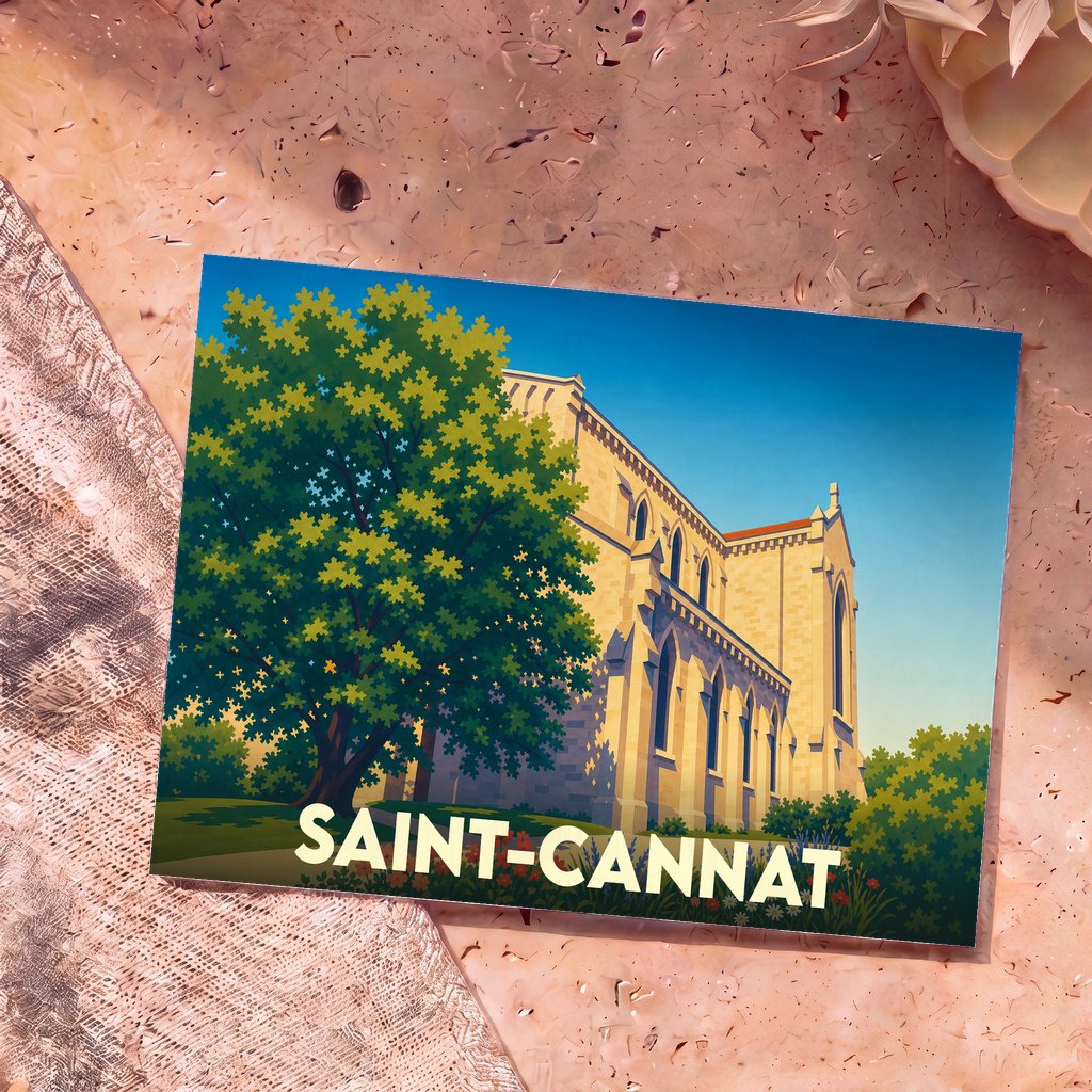 Carte postale souvenir de la ville de Saint-Cannat avec une illustration stylisée d'une église et d'un grand arbre.