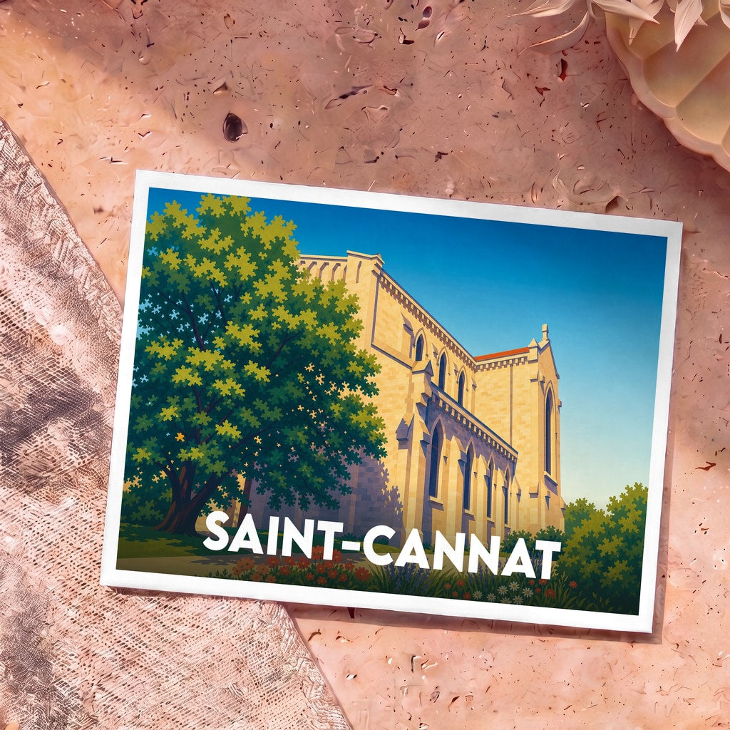 Carte postale souvenir de la ville de Saint-Cannat avec une illustration stylisée d'une église et d'un grand arbre.