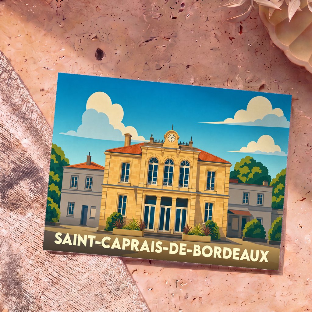 Carte postale souvenir de la ville de Saint-Caprais-de-Bordeaux avec une illustration stylisée de sa mairie.