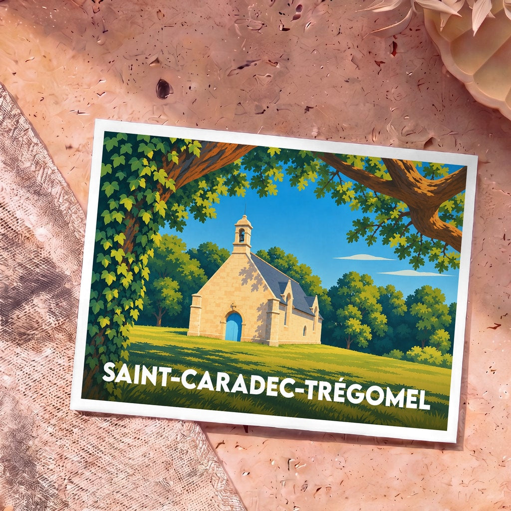 Carte postale souvenir de Saint-Caradec-Trégomel illustrant une chapelle ensoleillée entourée de verdure.