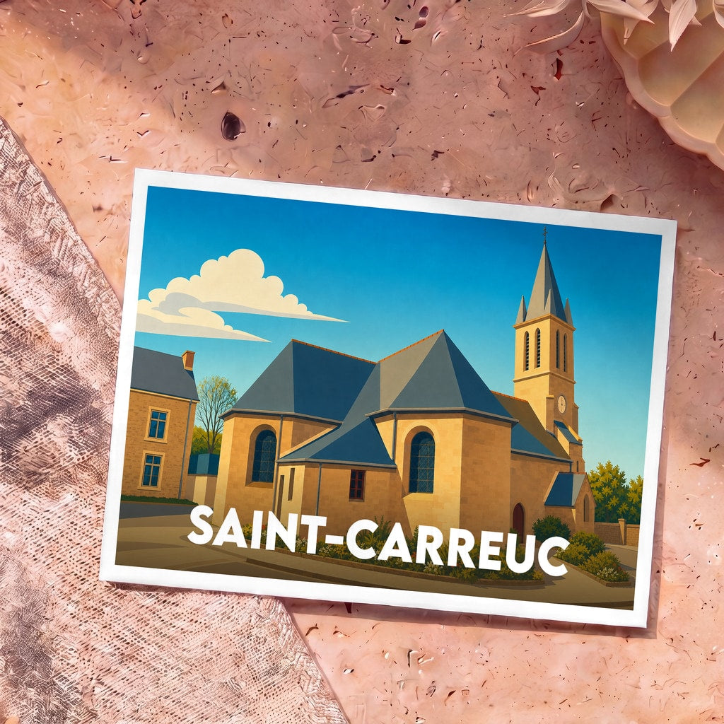 Carte postale souvenir de la ville de Saint-Carreuc avec une illustration stylisée de son église.
