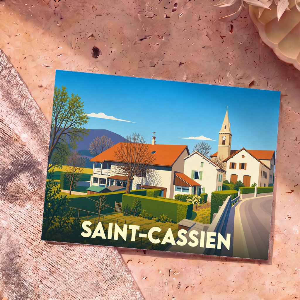 Carte postale souvenir de la ville de Saint-Cassien avec une illustration stylisée d'un village pittoresque.