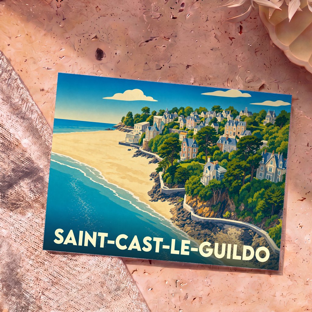 Carte postale souvenir de Saint-Cast-le-Guildo illustrant une plage de sable fin bordée par une ville côtière arborée au style rétro.