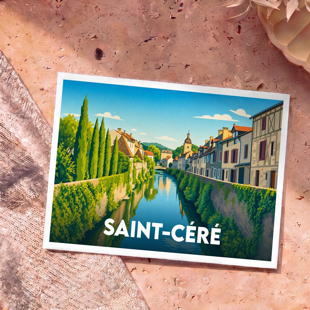 Carte postale souvenir de la ville de Saint-Céré avec une illustration stylisée d'un canal bordé de maisons.