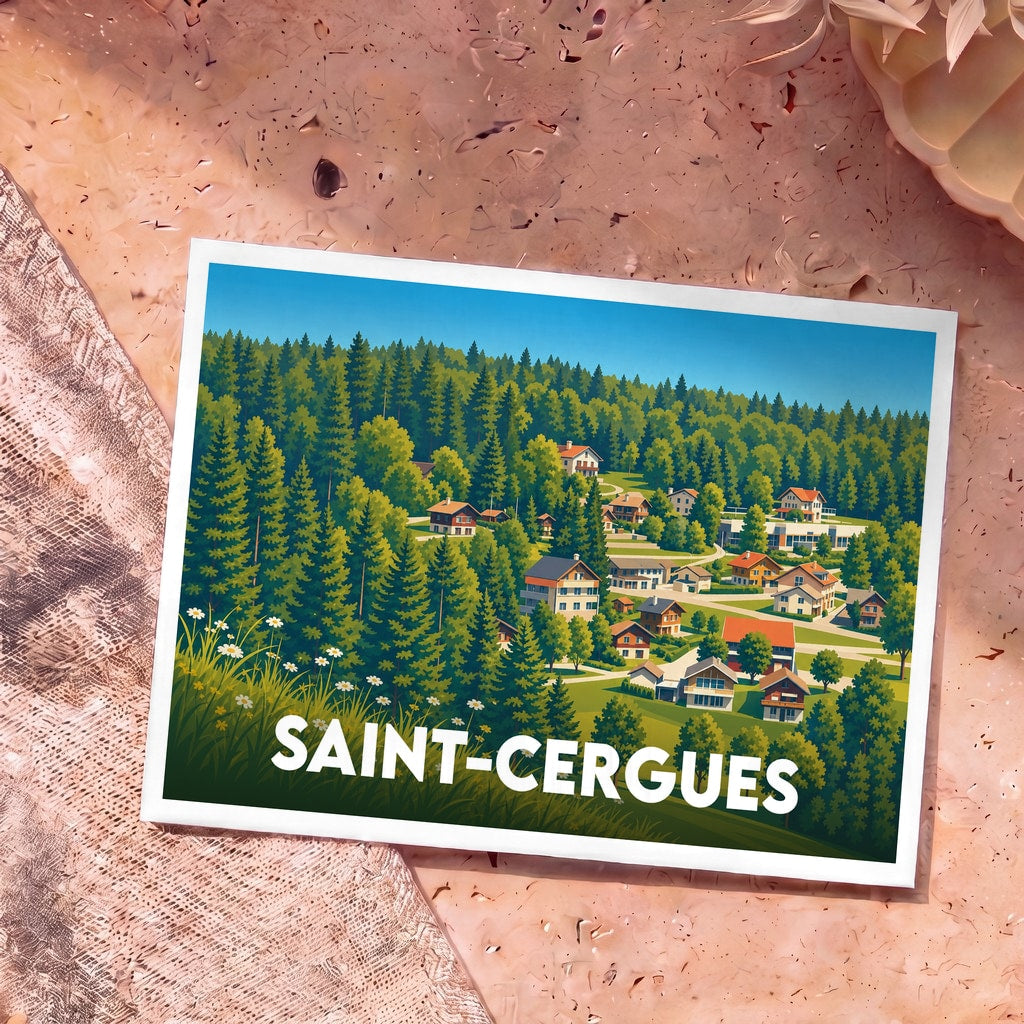 Carte postale souvenir de la ville de Saint-Cergues illustrant un village de montagne niché dans une forêt de sapins.