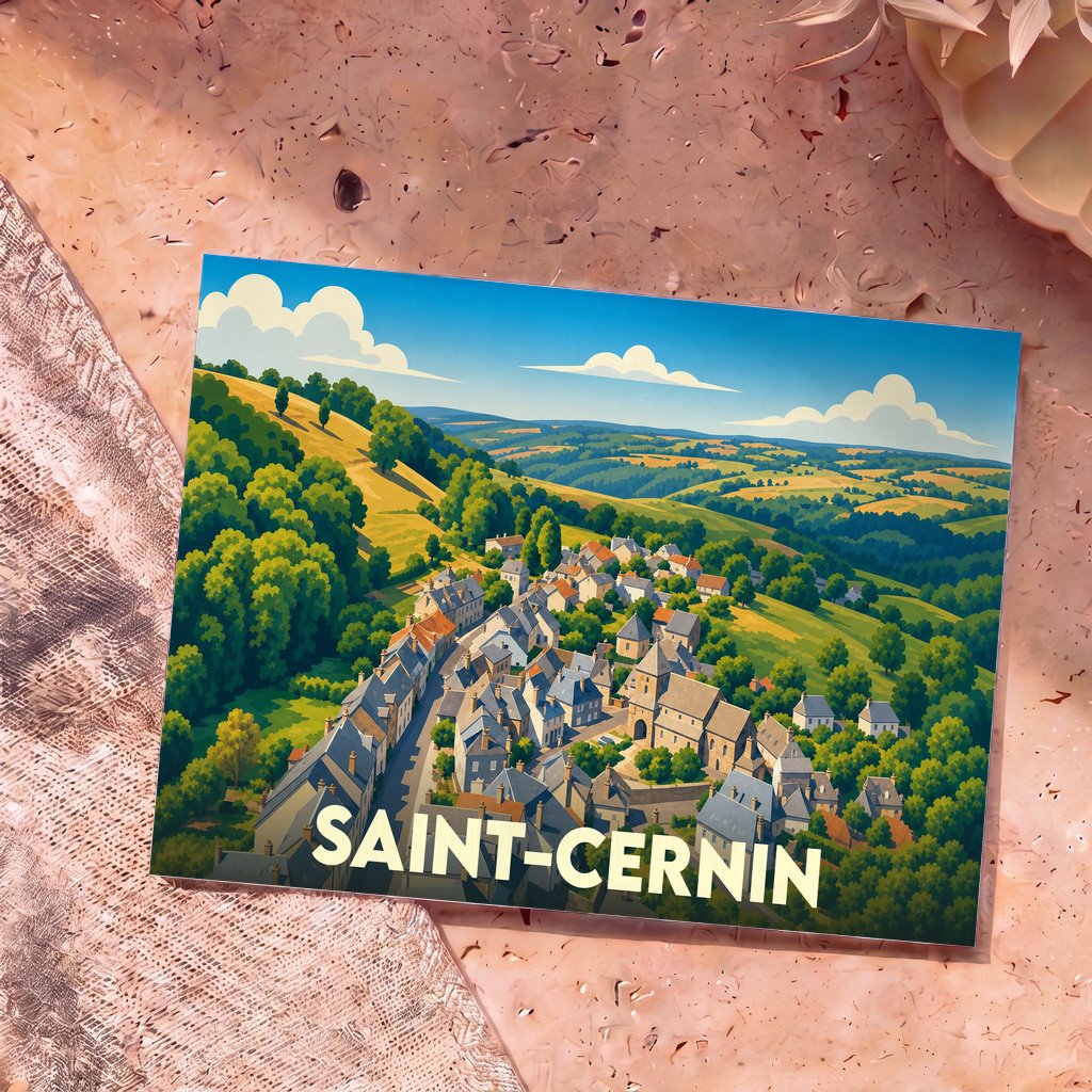 Carte postale souvenir de la ville de Saint-Cernin illustrant un village vallonné dans un style graphique épuré.